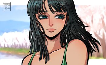 1girl black_hair blue_eyes blunt_bangs blush cherry_blossoms closed_mouth commentary english_commentary eyelashes floating_hair highres looking_to_the_side medium_hair mesukohi nico_robin one_piece outdoors smile solo watermark