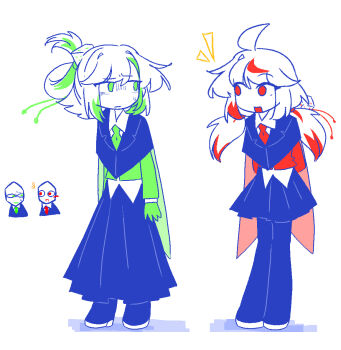 2girls ahoge bags_under_eyes black_cloak black_skirt boots cape cloak collared_shirt colored_lineart colored_skin deltarune dice dice_hair_ornament doodle_inset dress_shirt genderswap genderswap_(mtf) gloves green_cape green_eyes green_gloves green_hair green_jacket green_necktie green_pippins green_streaks hair_bun hair_ornament hairclip hairpin humanization jacket looking_at_another miniskirt multicolored_hair multiple_girls necktie open_mouth pippins_(deltarune) pleated_skirt priswocaer red_cape red_eyes red_hair red_streaks shadow shirt simple_background skirt smile suit_jacket sweatdrop talking two-tone_hair utdr_(toby_fox) white_background white_hair white_shirt white_skin