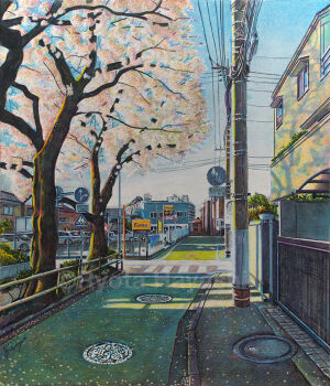 blue_sky building car cherry_blossoms colored_pencil_(medium) commentary_request evening hayashi_ryouta manhole_cover motor_vehicle nakano_(tokyo) no_humans original outdoors power_lines real_world_location road road_sign scenery shade sign sky street traditional_media tree urban utility_pole