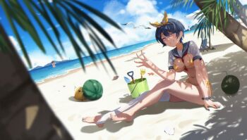 2girls absurdres areola_slip beach between_breasts bikini bird black_hair blue_eyes blue_nails blush breasts brown_hair cleavage food fruit grin gui_haifeng hair_ribbon highres kanojo_okarishimasu looking_at_viewer medium_breasts micro_bikini mizuhara_chizuru multiple_girls palm_tree ribbon sarashina_ruka scenery school_uniform seagull serafuku single_thighhigh sitting smile solo_focus swimsuit thighhighs tree watermelon
