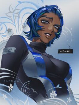 1girl absurdres arcee arcee_(prime) artist_name black_bodysuit blue_eyes bodysuit breasts brown_lips dark-skinned_female dark_skin english_text highres humanization klauw22 leaning_back looking_at_viewer medium_breasts open_mouth raised_eyebrow short_hair solo speech_bubble transformers transformers_prime