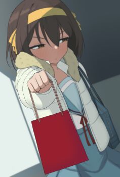 1girl averting_eyes bag blue_skirt blush brown_hair commentary_request fur-trimmed_jacket fur_trim hairband highres incoming_gift jacket mintchoco_(minchothudong) school_uniform serafuku shirt shopping_bag shoulder_bag skirt solo suzumiya_haruhi suzumiya_haruhi_no_yuuutsu white_jacket white_shirt yellow_hairband