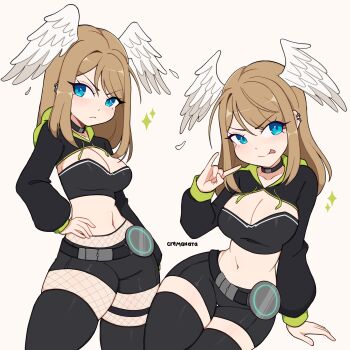 1girl absurdres black_choker black_jacket blue_eyes breast_tattoo breasts brown_hair choker cremanata crop_top eunie_(xenoblade) head_wings highres jacket large_breasts long_hair looking_at_viewer medium_hair multiple_views navel open_clothes smile tattoo tongue tongue_out white_wings wings xenoblade_chronicles_(series) xenoblade_chronicles_3