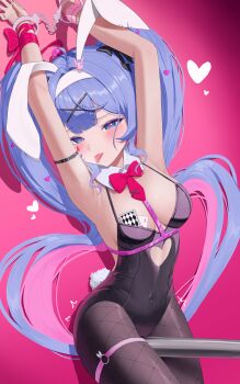 1girl absurdres animal_ear_hairband animal_ears armpits arms_up bare_arms bare_shoulders black_leotard black_pantyhose blue_eyes blue_hair blush bow bowtie breasts card closed_mouth covered_navel cuffs fake_animal_ears fishnet_pantyhose fishnets hairband handcuffs hatsune_miku highres leotard long_hair looking_at_viewer maji_(majidesu3) medium_breasts object_in_clothes pantyhose playboy_bunny playing_card rabbit_ear_hairband rabbit_ears rabbit_hole_(vocaloid) red_bow red_bowtie solo thigh_strap tongue tongue_out twintails vocaloid white_hairband
