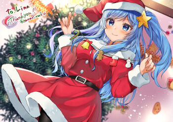 1girl absurdres alina_asteri bell belt black_belt black_pantyhose blue_eyes blue_hair candy candy_cane christmas christmas_ornaments christmas_stocking christmas_tree closed_mouth commentary commission dress dutch_angle english_commentary english_text food fur-trimmed_dress fur_trim gingerbread_man hair_ornament hat highres holding holding_string indie_virtual_youtuber long_hair long_sleeves looking_at_viewer mixed-language_commentary pantyhose red_hat santa_costume santa_dress santa_hat short_dress side_ponytail skeb_commission smile snowman solo standing star_(symbol) star_hair_ornament string twitter_username virtual_youtuber yam_(yamap_mako)
