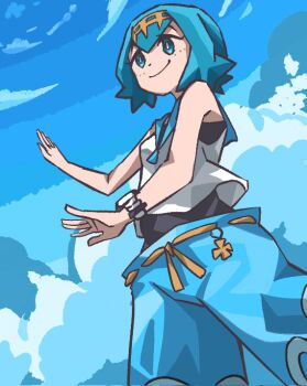 1girl black_one-piece_swimsuit blue_background blue_eyes blue_hair blue_pants blue_sailor_collar blue_sky bright_pupils gold_hairband hairband highres lana_(pokemon) looking_to_the_side nintendo no_sclera notus_49 one-piece_swimsuit pants pokemon pokemon_sm sailor_collar shirt short_hair simple_background sky sleeveless solo standing swimsuit swimsuit_under_clothes upper_body wave_print white_pupils white_shirt