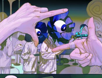 6+others absurdres black_hair blue_eyes bob_cut brown_hair chayixiaxian eyeball finger_frame fingernails gradient_background highres long_hair long_sleeves multiple_others object_head original out_of_frame pajamas pov pov_hands queue short_hair standing striped surreal table thorns tray vertical_stripes walking worm