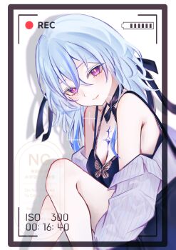 Rule 34 | 0 tsunamayo 0, 1girl, absurdres, alternate costume, bare shoulders, blue hair, breasts, cleavage, colored eyelashes, commentary, hair between eyes, highres, long hair, looking at viewer, medium breasts, purple eyes, recording, red pupils, shorekeeper (wuthering waves), sitting, solo, viewfinder, wuthering waves