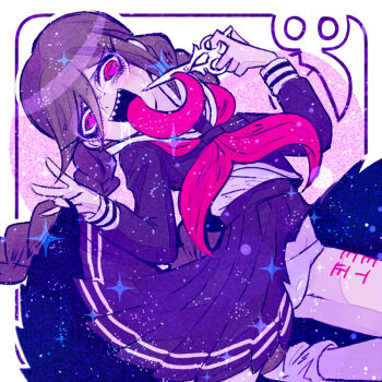 Rule 34 | 1girl, braid, braided twintails, danganronpa: trigger happy havoc, danganronpa (series), fukawa toko, genocider sho, heart, heart-shaped pupils, korozikoro, long tongue, non-web source, purple hair, red eyes, scar, scar on thighs, school uniform, scissors, sharp teeth, solo, symbol-shaped pupils, teeth, tongue, tongue out, twintails, very long tongue, white background