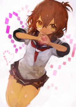 1girl :3 absurdres black_sailor_collar black_skirt brown_hair closed_mouth commentary folded_ponytail hair_between_eyes heart heart_hands highres inazuma_(kancolle) kaamin_(mariarose753) kantai_collection looking_at_viewer miniskirt neckerchief pleated_skirt red_neckerchief sailor_collar school_uniform serafuku simple_background skirt solo yellow_eyes