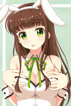 1girl animal_ears blush breasts brown_hair chobi_(5760403) commentary_request gochuumon_wa_usagi_desu_ka? green_eyes highres leotard long_hair official_alternate_costume open_mouth playboy_bunny rabbit_ears ujimatsu_chiya white_leotard wrist_cuffs