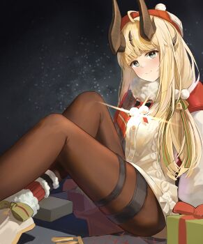 Rule 34 | 1girl, absurdres, ahoge, arknights, bell, blonde hair, blush, brown horns, brown pantyhose, buttons, cardigan, chinese commentary, christmas, closed mouth, commentary request, diffraction spikes, green eyes, green ribbon, hair ribbon, hat, highres, horns, long hair, looking at viewer, official alternate costume, pantyhose, pom pom (clothes), red hat, reed (arknights), reed the flame shadow (arknights), reed the flame shadow (glowing flame in the night) (arknights), ribbon, s41ty, sitting, smile, solo, thigh strap, white cardigan