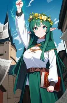1girl arm_up belt book breasts cape cleavage clenched_hand closed_mouth commission cowboy_shot green_cape green_eyes green_hair green_skirt head_wreath highres holding holding_book large_breasts long_hair long_sleeves looking_at_viewer magic original outdoors pointy_ears shirt side_slit skirt smile solo very_long_hair white_shirt ysoa26