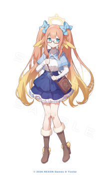 1girl bag blonde_hair blue_archive blue_bow blue_eyes blue_skirt boots bow brown_bag brown_boots casual closed_mouth commentary_request full_body glasses hair_bow hakasesuicchi halo head_wings highres knee_boots long_hair looking_at_viewer multicolored_hair official_art orange_hair sample_watermark shimiko_(blue_archive) shirt shoulder_bag simple_background skirt smile solo standing twintails very_long_hair watermark white_background white_shirt wings