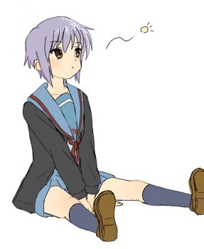 1girl arms_between_legs black_cardigan blue_sailor_collar brown_shoes cardigan collarbone commentary_request highres kita_high_school_uniform kneehighs long_sleeves nagato_yuki open_cardigan open_clothes pleated_skirt purple_hair red_ribbon ribbon sailor_collar school_emblem school_uniform serafuku shoes short_hair sitting skirt socks solo squeans suzumiya_haruhi_no_yuuutsu waka_849 winter_uniform yellow_eyes