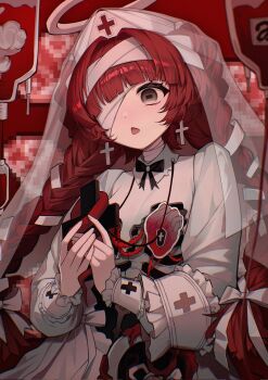 1girl badge bandage_over_one_eye bandaged_head bandages black_bow blood blood_bag bone bow braid button_badge censored commission cross cross_earrings dress earrings frilled_wrist_cuffs frills grey_eyes hair_bow halo hat heart_(organ) highres holding holding_cross horizontal_pupils jewelry long_sleeves mosaic_censoring nanin nurse_cap open_mouth original raw_meat red_background red_hair solo twin_braids white_bow white_dress wrist_cuffs
