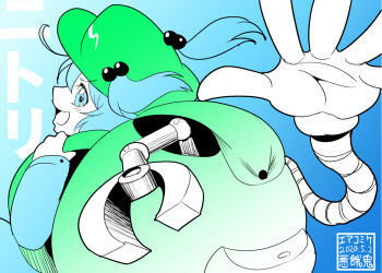 Rule 34 | >:), 1girl, backpack, bag, blue eyes, blue hair, blue skirt, blush, character name, claws, comiket, comiket 98, commentary request, extra arms, fan request, from side, grabber tool, gradient background, green bag, green hat, hair bobbles, hair ornament, hat, holding, holding bag, kawashiro nitori, long sleeves, mechanical arm, mechanical arms, newsboy cap, nobiiru arm, open mouth, pocket, short hair, simple background, skirt, spot color, tools, touhou, twintails, two side up, upper body, v-shaped eyebrows, warugaki (sk-ii)