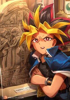 1boy atem black_hair black_tank_top blonde_hair blue_jacket blue_pants bracelet bright_pupils chain commentary crossed_arms egyptian_art english_commentary english_text highres indoors jacket jewelry kaiba_seto khyle. looking_at_viewer male_focus millennium_puzzle multicolored_hair museum open_mouth pants parted_bangs patreon_username red_eyes red_hair serious solo stone_tablet tank_top teeth upper_body v-shaped_eyebrows yami_yugi yaoi yu-gi-oh! yu-gi-oh!_duel_monsters
