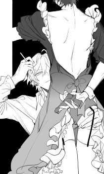 2boys ahoge alternate_costume aohitsugi_samatoki apron arm_behind_back ass back backless_dress backless_outfit bare_back black_background bow cigarette closed_mouth collared_shirt crossdressing crossdressing_(mtf) dress ear_piercing earrings enmaided frilled_dress frills from_behind garter_straps greyscale gun hair_between_eyes hand_on_another&#039;s_ass hand_up highres holding holding_cigarette holding_gun holding_weapon horns hypnosis_mic jewelry lifting_another&#039;s_clothes long_sleeves looking_at_another looking_at_viewer maid maid_apron maid_headdress male_focus mole mole_on_neck monochrome multiple_boys panties piercing shirt short_hair shuiyiyaogong simple_background sleeves_rolled_up smile thighhighs underwear weapon wrist_cuffs yamada_ichiro yaoi