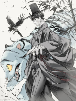 Rule 34 | 1boy, absurdres, bird, black feathers, black hair, black hat, black jacket, black nails, black pants, claws, cowboy shot, crow, derpy (kpop demon hunters), facial mark, falling feathers, fangs, feathers, fingernails, hat, highres, jacket, jinu (kpop demon hunters), kpop demon hunters, light smile, male focus, pants, parted bangs, sharp fingernails, short hair, sussie (kpop demon hunters), tiger, wide brim, wide sleeves, worldsound77, yellow eyes