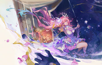 absurdres black_gloves breasts chinese_commentary commentary_request cyrene_(demiurge)_(honkai:_star_rail) cyrene_(honkai:_star_rail) cyrene_(philia093)_(honkai:_star_rail) dress furioso gloves heart highres honkai:_star_rail honkai_(series) large_breasts long_hair looking_at_viewer on_swing pink_hair planet planetary_ring purple_eyes sky smile star_(sky) starry_sky stelle_(honkai:_star_rail) swing thighs trailblazer_(honkai:_star_rail) very_long_hair white_dress