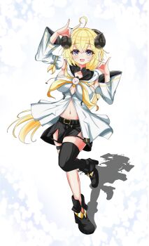 1girl absurdres ahoge alternate_costume animal_ears black_shoes black_shorts black_thighhighs blonde_hair breasts cosplay double_fox_shadow_puppet fox_shadow_puppet highres hololive hood hoodie horns inokeiwd large_breasts long_hair looking_at_viewer navel open_mouth purple_eyes shadow sheep_ears sheep_girl sheep_horns shirakami_fubuki shirakami_fubuki_(1st_costume) shirakami_fubuki_(cosplay) shoes shorts smile solo thigh_strap thighhighs tsunomaki_watame very_long_hair virtual_youtuber white_background white_hoodie