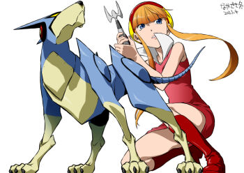 1girl blonde_hair blue_eyes blunt_bangs boots casshern_(series) commentary_request dress friender full_body gun helmet holding holding_weapon knee_boots kouzuki_luna lipstick long_hair makeup nakazaki_tou pink_dress red_helmet retro_artstyle robot robot_hunter_casshern short_dress sidelocks simple_background skirt weapon white_background