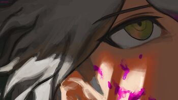 1boy blood blood_on_face close-up commentary_request crack_of_light danganronpa_(series) danganronpa_2:_goodbye_despair danganronpa_2x2 eye_focus green_eyes grey_hair hasyage highres komaeda_nagito male_focus pink_blood ringed_eyes solo