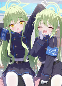 Rule 34 | 2girls, armband, blue archive, commentary request, gloves, green hair, halo, highres, hikari (blue archive), long hair, mikumiku37, multiple girls, nozomi (blue archive), open mouth, pointy ears, siblings, sisters, skirt, twins, white gloves, yawning, yellow eyes