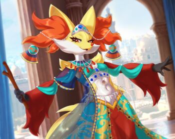 1girl animal_ear_fluff clothed_pokemon delphox delphox_(sacred) furry furry_female gen_6_pokemon holding holding_stick looking_at_viewer multicolored_fur navel nintendo official_alternate_costume pokemon pokemon_(creature) pokemon_unite queen_purrr red_eyes red_fur solo stick white_fur yellow_fur