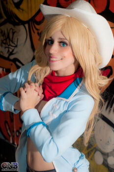 Rule 34 | 1girl, anasbertola, cosplay, cowboy bebop, female focus, judy (cowboy bebop), judy (cowboy bebop) (cosplay), navel, photo (medium), praying