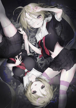 2girls absurdres black_eyes black_serafuku black_shirt blonde_hair braised_cutlass breasts commentary eyepatch flower hand_on_own_stomach highres holding_another's_wrist large_breasts long_hair medical_eyepatch miniskirt multicolored_thighhighs multiple_girls neckerchief open_clothes open_mouth open_shirt original pink_thighhighs pleated_skirt purple_eyes red_neckerchief sailor_collar school_uniform serafuku shirt short_hair short_sleeves siblings sisters skindentation skirt smile thighhighs twins twintails two-tone_thighhighs undone_neckerchief white_flower white_sailor_collar white_thighhighs