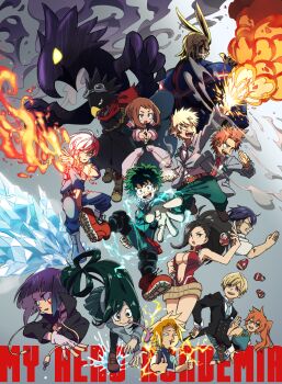 6+boys 6+girls all_might asui_tsuyu bakugou_katsuki belt bird_boy black_jacket blonde_hair blood blue_necktie boku_no_hero_academia breasts brown_hair center_opening cleavage copyright_name cropped_torso cryokinesis dark_shadow dust fingerless_gloves fire freckles furry furry_male glasses glint gloves goggles goggles_on_head green_hair green_pants grey_jacket highres iida_tenya jacket jiro_kyoka kaminari_denki kendou_itsuka kirishima_eijirou large_breasts long_tongue matryoshka_doll medium_breasts midoriya_izuku monoma_neito multiple_boys multiple_girls navel necktie nosebleed outstretched_arm own_hands_together pants pyrokinesis reaching reaching_towards_viewer red_footwear red_necktie red_scarf scarf school_uniform sharp_teeth teeth todoroki_shoto tokoyami_fumikage tongue u.a._gym_uniform u.a._school_uniform ukata uraraka_ochako yaoyorozu_momo