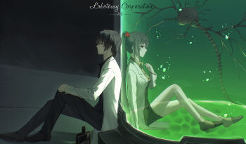 1boy 1girl absurdres ayin_(project_moon) black_hair black_pants black_shirt black_skirt brain brown_hair carmen_(project_moon) coat green_shirt highres in_container lobotomy_corporation long_hair nanan_qian nervous_system pants ponytail project_moon red_eyes shirt short_hair skirt spinal_cord stasis_tank tears white_coat yellow_eyes