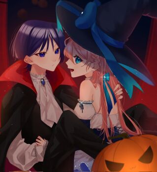 1girl alternate_costume artist_self-insert ascot black_cloak black_hat black_vest blue_bow blue_corset blue_eyes blue_gemstone blunt_ends bow braid brooch cloak closed_mouth corset couple cross-laced_clothes cross-laced_corset curtains detached_sleeves dress dress_shirt eyelashes fingernails formal_clothes frilled_shirt_collar frilled_sleeves frills gem genshin_impact glint hair_behind_ear halloween halloween_costume hand_on_another&#039;s_back hand_on_another&#039;s_stomach hat hat_bow hetero highres jack-o&#039;-lantern jewelry long_hair long_sleeves looking_at_another looking_at_viewer oc_x_canon open_mouth original pink_hair purple_eyes purple_hair red_cloak scaramouche_(genshin_impact) sharp_fingernails shirt sideways_mouth single_braid sitting_between_lap strapless strapless_dress tareme tongue tsurime two-sided_cloak two-sided_fabric vampire_costume vest white_ascot white_dress white_shirt white_sleeves wispy_bangs witch witch_hat yoontrsh
