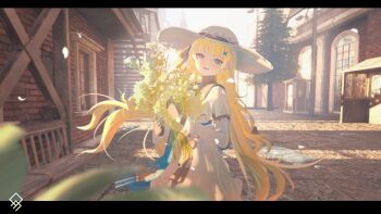 1girl absurdres artist_logo black_gloves blonde_hair blue_eyes blurry blurry_foreground commentary english_commentary from_side gloves hair_ornament hat highres holding letterboxed logo long_hair long_sleeves looking_at_viewer looking_to_the_side open_mouth outdoors phoebe_(wuthering_waves) qurami shirt skirt smile solo very_long_hair white_hat white_shirt white_skirt wuthering_waves x_hair_ornament