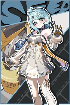 1girl absurdres ahoge bare_shoulders blue_eyes blue_hair braid braided_ponytail breasts character_name clothing_cutout commentary_request gloves hair_ornament highres humanoid_robot korean_commentary long_hair looking_at_viewer mixed-language_commentary mole mole_on_shoulder partial_commentary rieana robot see-through_dress_layer seed_(zenless_zone_zero) seed_sr. simple_background solo_focus thigh_cutout v zenless_zone_zero