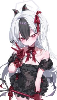 1girl absurdres black_dress black_hair blue_archive blush bow breasts cleavage closed_mouth collarbone commentary_request dress expressionless grey_halo hair_bow halo highres holding holding_staff horns kayoko_(blue_archive) long_hair looking_at_viewer multicolored_hair p00nipooni red_bow red_eyes simple_background small_breasts solo staff streaked_hair v very_long_hair white_background white_hair