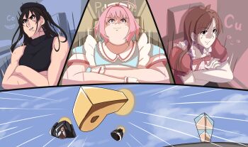 #unicus_(idolmaster) 3girls absurdres ahoge antenna_hair beret black_hair blue_hair brown_eyes brown_hair comic commentary_request earrings getter_robo grin hat highres idolmaster idolmaster_cinderella_girls jewelry long_hair multicolored_hair multiple_girls parody pink_eyes pink_hair sharp_teeth shin_getter_robo_vs_neo_getter_robo short_hair short_sleeves sleeveless smile sunazuka_akira teeth tsujino_akari two-tone_hair woshinon yumemi_riamu