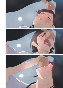 1girl absurdres agovitch black_eyes black_hair blush breath ceiling censored closed_mouth drooling fellatio from_below hataraku_onee-san-tachi:_mikonritsu_no_takai_machi_de_hataraku_tokoya_no_onee-san_ni_okuchi_de_shiborareru highres indoors looking_up mosaic_censoring multiple_views naughty_face nostrils open_mouth oral original penis saliva sequential short_hair sitting smile solo_focus standing sweat testicle_sucking testicles tongue tongue_out upper_body