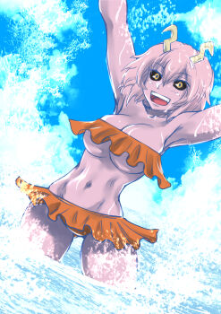 1girl ashido_mina bikini black_sclera boku_no_hero_academia breasts cleavage colored_sclera colored_skin deemosu female_focus frilled_bikini frills horns large_breasts looking_at_viewer navel ocean open_mouth orange_bikini outdoors pink_hair pink_skin short_hair smile solo swimsuit teeth thighs wet yellow_eyes yellow_horns
