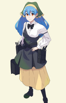 Rule 34 | 1girl, adapted costume, apron, black apron, black bow, black bowtie, black shoes, blue hair, bow, bowtie, closed mouth, collared shirt, commentary, green headscarf, hand on own hip, haniyasushin keiki, headscarf, highres, jack (wkm74959), long hair, long sleeves, looking at viewer, one-hour drawing challenge, pantyhose, red eyes, shirt, shoes, skirt, smile, solo, standing, touhou, white shirt, yellow background, yellow skirt