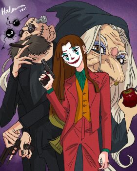 1boy 2girls apple batman_(series) big_nose black_nails black_suit cigarette collared_shirt commentary cosplay dc_comics extra_arms eyelashes fingernails food formal_clothes frankenstein frankenstein&#039;s_monster frankenstein&#039;s_monster_(cosplay) fruit gun halloween highres holding holding_cigarette holding_food holding_fruit holding_gun holding_weapon joker_(dc)_(cosplay) kamajii lin_(sen_to_chihiro_no_kamikakushi) long_fingernails makeup multiple_girls queen_grimhilde queen_grimhilde_(cosplay) red_suit rikaco1988 sen_to_chihiro_no_kamikakushi shirt snow_white_and_the_seven_dwarfs_(disney) suit sunglasses susuwatari symbol-only_commentary the_joker weapon yubaba