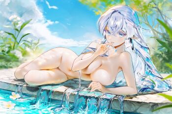 1girl blue_eyes blue_sky breasts cloud cloudy_sky commentary completely_nude convenient_arm convenient_censoring day earrings english_commentary finger_to_face flower hair_between_eyes highres iridescent_hair jewelry large_breasts liquid_hair looking_at_viewer lying nude nxmly on_side original outdoors parted_lips plant pointy_ears sky sophia_(cieluscian) stone_floor tree water white_flower