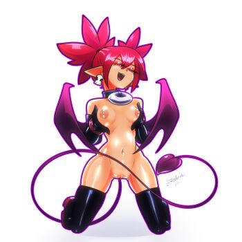 artist_name black_boots black_gloves boots breasts choker demon_girl demon_tail demon_wings disgaea earrings elbow_gloves etna_(disgaea) full_body functionally_nude gloves half-closed_eyes jewelry kneeling makai_senki_disgaea matching_hair/eyes naughty_face navel open_mouth pointy_ears pussy red_eyes red_hair shiny_skin short_twintails simple_background skull_earrings small_breasts smile spread_legs tail thigh_boots twintails uncensored white_background wings zedrin