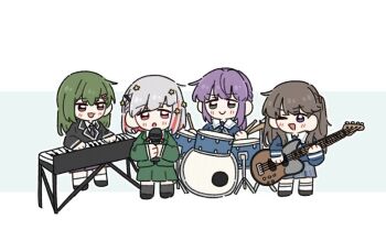 Rule 34 | 4girls, ;d, bang dream!, bang dream! it's mygo!!!!!, bass guitar, blazer, blue shirt, brown eyes, brown hair, c:, chibi, chibi only, colored inner hair, commentary, cosplay, drum, drum set, drumsticks, fujishima megumi, green eyes, green hair, green jacket, green skirt, grey neckerchief, grey skirt, hair ornament, hairclip, haneoka school uniform, hashtag-only commentary, hasu no daisankaku, holding, holding bass guitar, holding drumsticks, holding instrument, holding microphone, instrument, jacket, keyboard (instrument), link! like! love live!, long hair, love live!, low ponytail, microphone, multicolored hair, multiple girls, neckerchief, necktie, ogami sachi, one eye closed, open mouth, otomune kozue, parallel hairclips, pink eyes, plaid clothes, plaid skirt, pleated skirt, ponytail, purple eyes, purple hair, purple necktie, red streaks, sailor collar, school uniform, serafuku, shirt, short hair, skirt, smile, standing, star (symbol), star hair ornament, streaked hair, takamatsu tomori, takamatsu tomori (cosplay), tsukinomori school uniform, two side up, virtual youtuber, white sailor collar, yugiri tsuzuri, zueka27