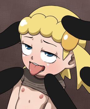 1girl 5boys blank_censor blonde_hair blue_eyes bonnie_(pokemon) brown_background brown_shirt censored clothes_lift flat_chest hetero highres loli looking_at_viewer looking_up multiple_boys naughty_face nintendo nipples open_mouth penis pokemon pokemon_xy ponytail shirt shirt_lift short_hair side_ponytail simple_background smile solo_focus surrounded_by_penises teeth tongue tongue_out upper_body witchuus