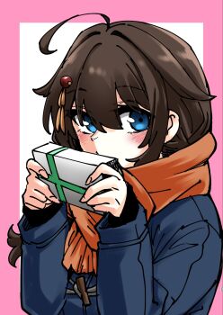Rule 34 | 1girl, ahoge, alternate costume, black hair, blue eyes, blue jacket, border, commentary request, covering own mouth, gouta (nagishiro6624), highres, jacket, kantai collection, long hair, orange scarf, pink border, scarf, shigure (kancolle), shigure kai san (kancolle), solo, two-tone background, upper body, white background