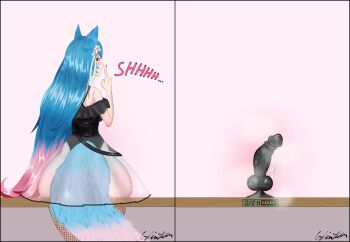 1girl animal_ears blue_hair dildo dildo_reveal fishnets from_behind glinter1 highres looking_at_viewer nail_polish pussy_juice sex_toy silvervale simple_background sitting tail timer transparent_skirt virtual_youtuber vshojo wolf_ears wolf_girl wolf_tail