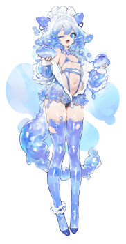 1girl absurdres agoto bikini blue_background blue_bikini blue_eyes blue_horns blue_jacket blue_tail blue_thighhighs breasts bubble collar creature detached_collar double-parted_bangs fangs frilled_anklet frilled_headwear frilled_jacket frills full_body hair_intakes headdress highleg highleg_bikini highres holding holding_creature horns jacket long_sleeves looking_at_viewer maid monster_girl navel one_eye_closed open_mouth original see-through_clothes see-through_jacket short_hair slime_(creature) slime_(substance) slime_girl slime_hair small_breasts smile solo standing swimsuit thighhighs white_background white_collar wing_collar